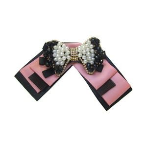 Pink & Black Bow Tie w/ Jeweled Brooch